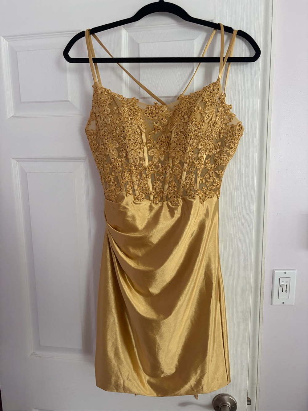 Gold Lace Satin Mini Dress with Floral Bodice